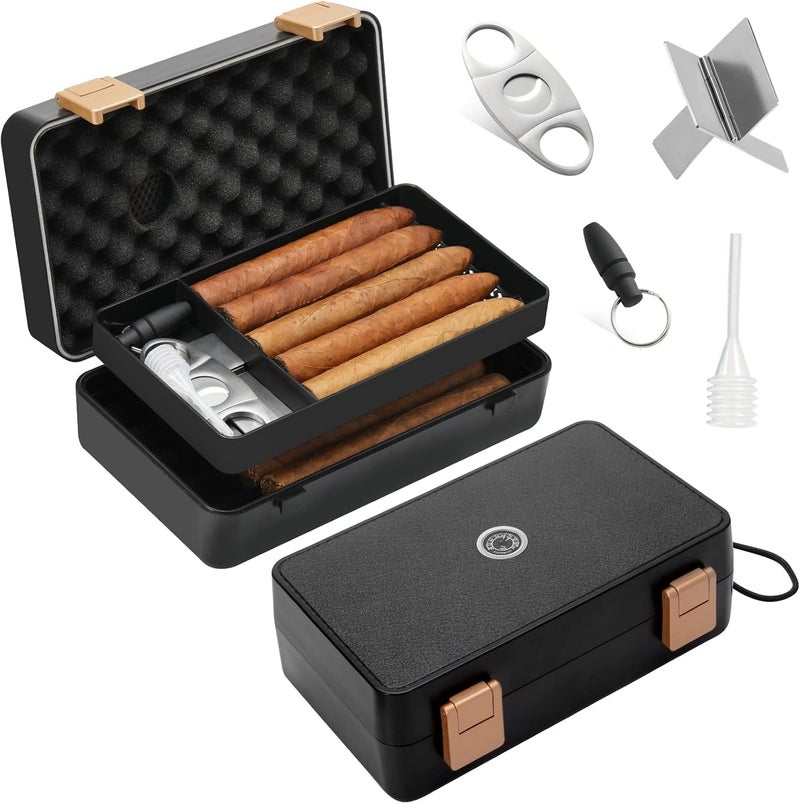 PLAYWITH Travel Cigar Humidor Box Case Double layer design with Cigar Accessories Hygrometer&Spanish Cedar &Humidifier &Cigar Cutter & Stand &Cigar Punch CutterHold 8-10 Count - Waterproof Case, Crushproof, Airtight Seal Portable Separate storage space for accessories - Image 1